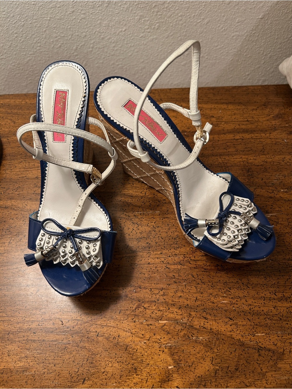 Vintage Betsy Johnson Nautical Navy and White Wedge Sandals